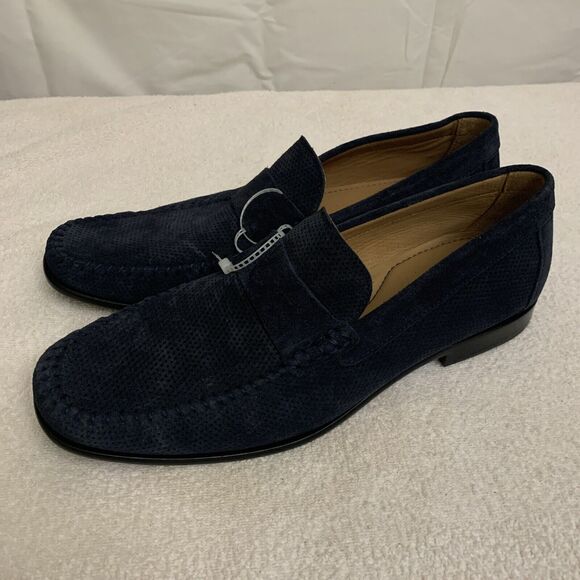 Flag Ltd Napa Glove Perforated Navy Suede Loafers Mens 10 Slip On New - Picture 1 of 6